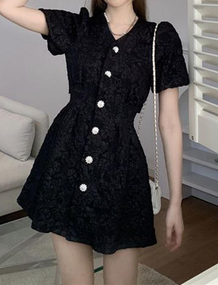 Jacquard Pearl Button Summer Princess Dress For Date