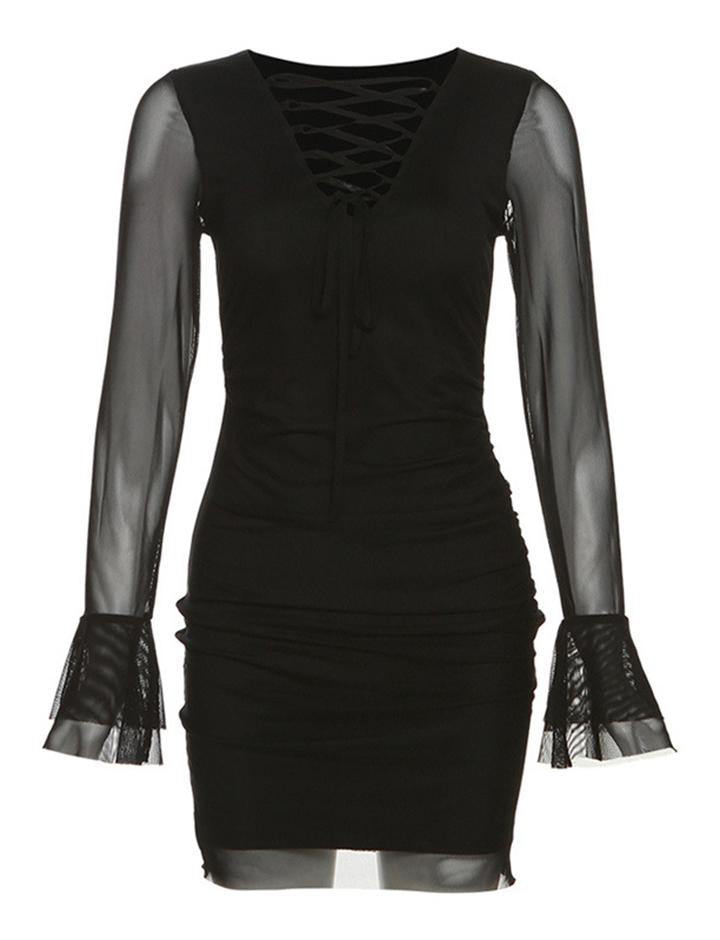 Mesh See-through Sleeve Lace Up Party Black Bodycon Dress