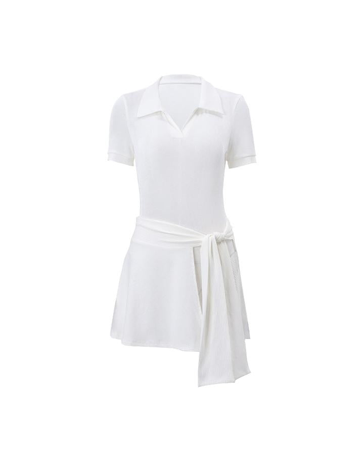 Polo Neck Short Sleeve Slim Bodysuit Tie Skirt Two-Piece Set