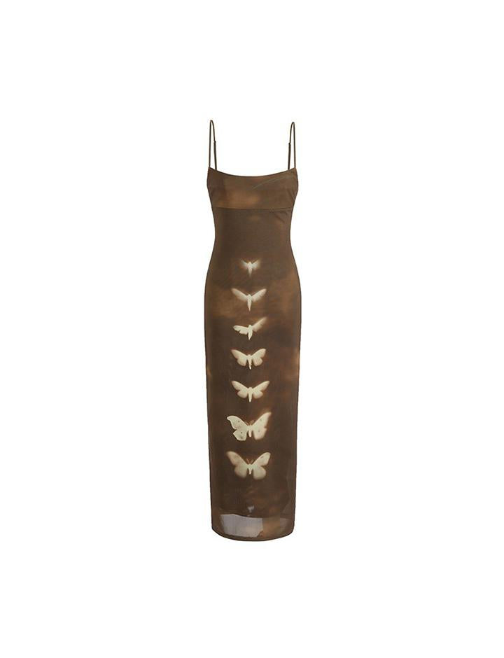 Retro Brown Double Mesh Butterfly Print Sling Dress Maxi Women