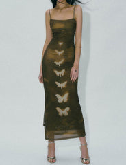 Retro Brown Double Mesh Butterfly Print Sling Dress Maxi Women