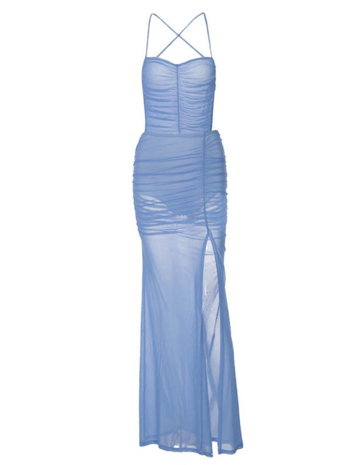 Solid Color Backless Pleated Strap Slit Slip Dress