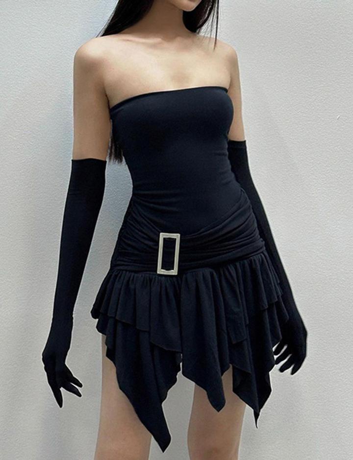 Irregular Hem Split Sleeve Bandeau Black Dress
