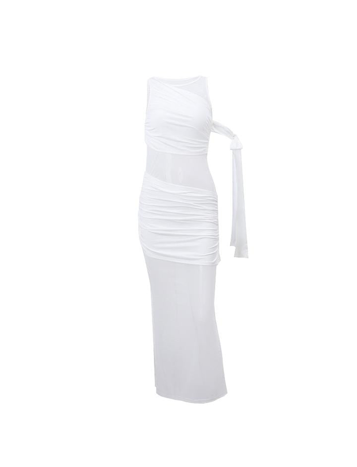 Knot Shoulder Ruched Bodycon Maxi Dress