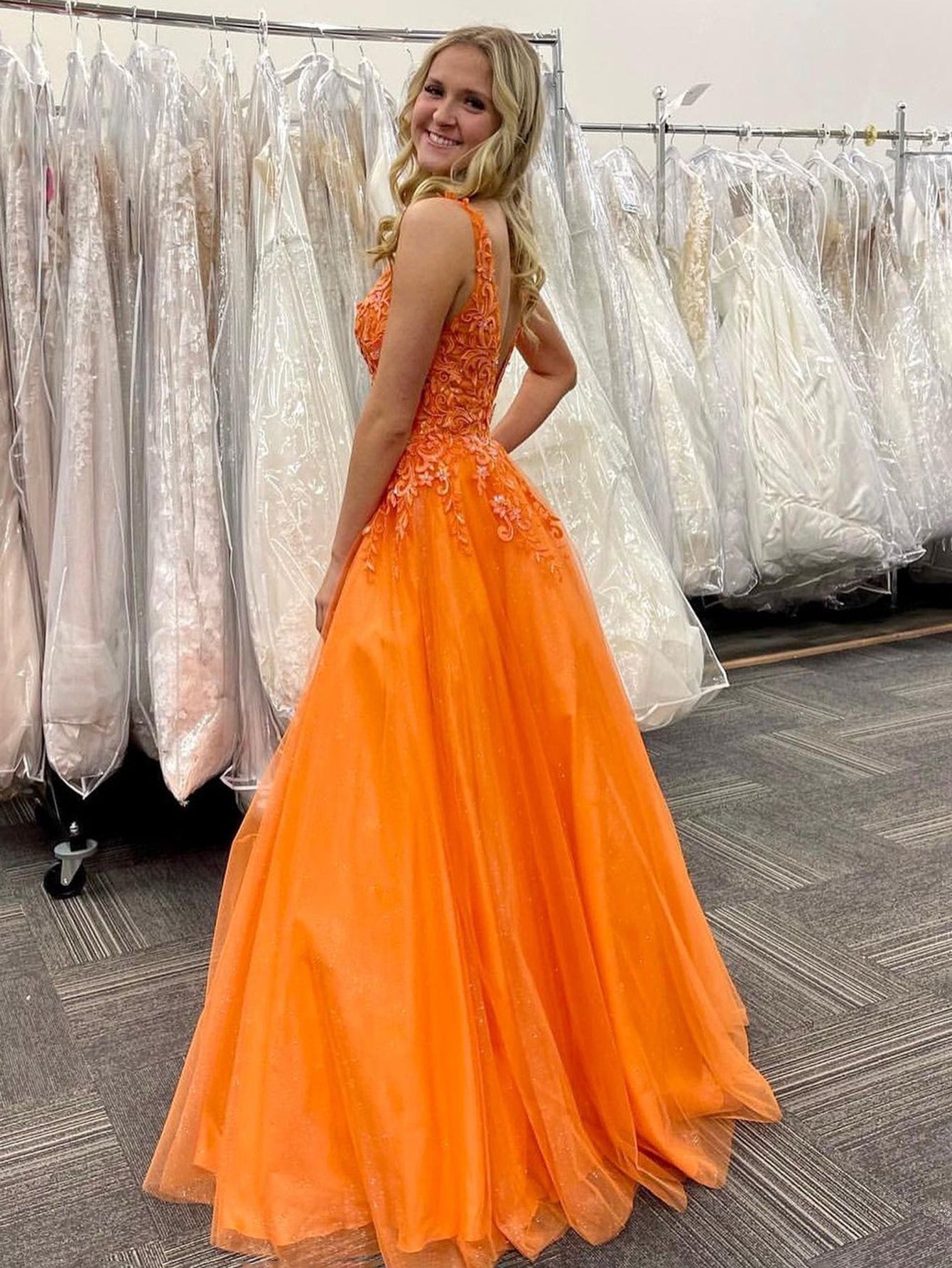 Orange V Neck A Line Lace Long Prom Dress