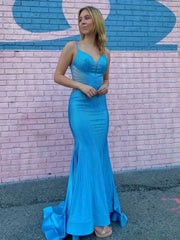 Blue V-Neck Glitter Backless Mermaid Long Prom Dress