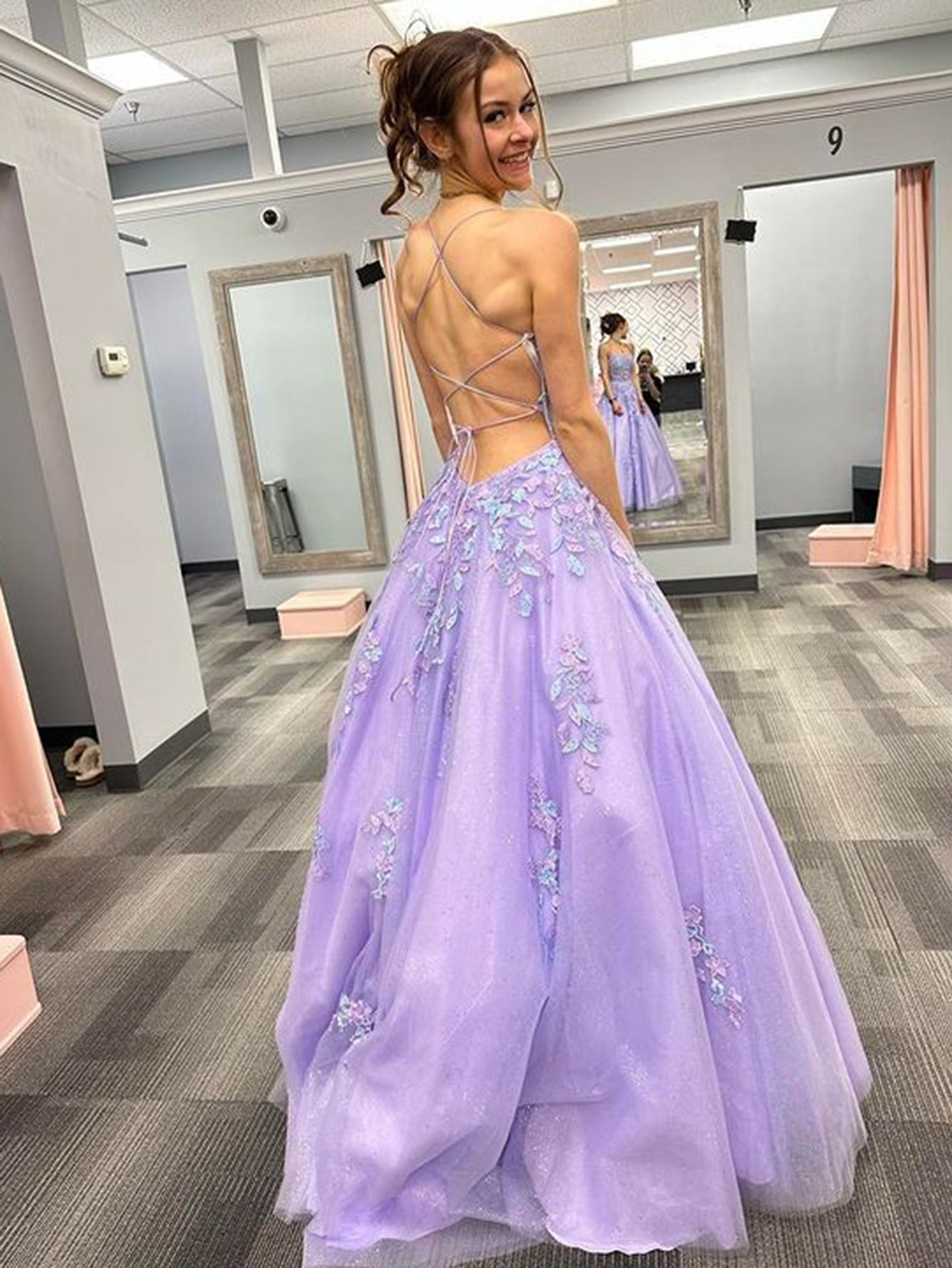 Purple Spaghetti Straps A Line Lace Long Prom Dress