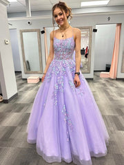 Purple Spaghetti Straps A Line Lace Long Prom Dress