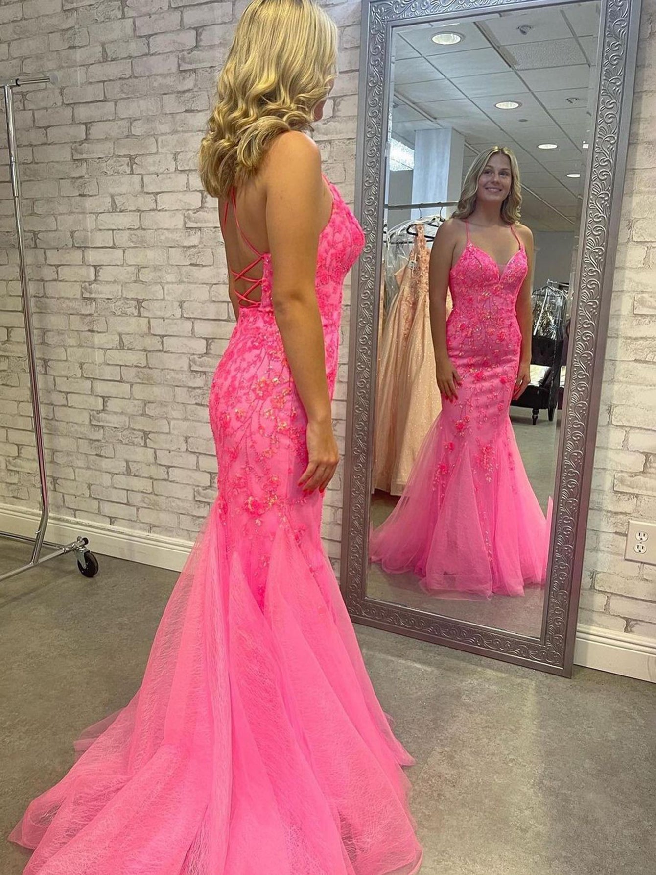 V Neck Pink Spaghetti Straps Mermaid Lace Long Prom Dress